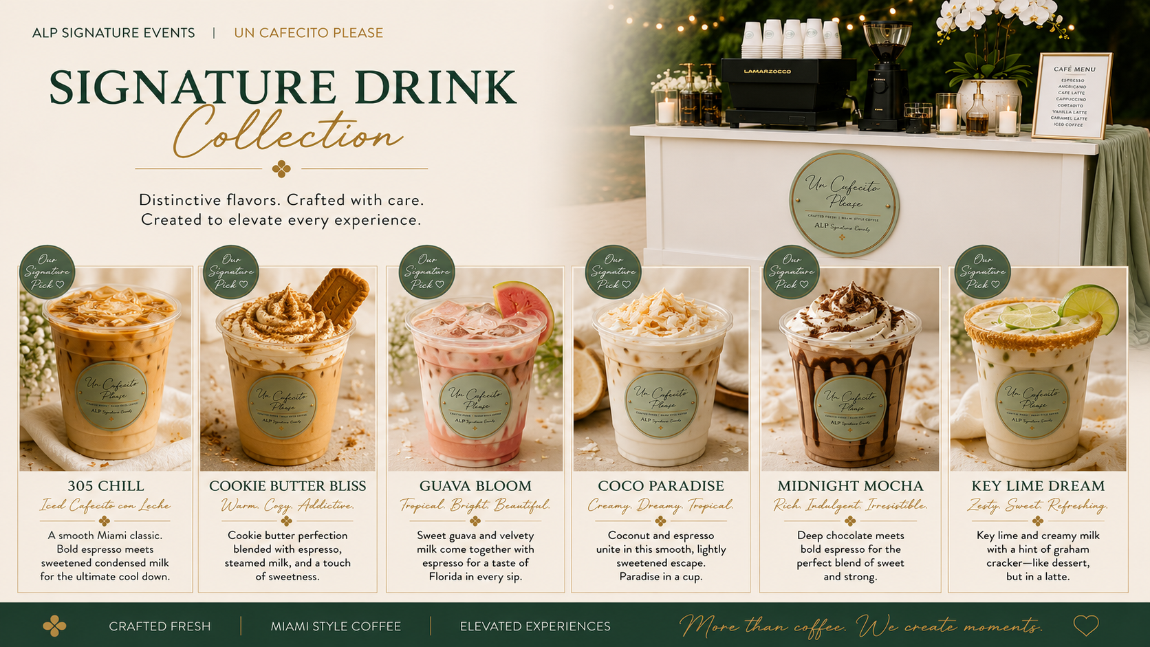 Un Cafecito Please Signature Drink Collection featuring six specialty iced lattes
