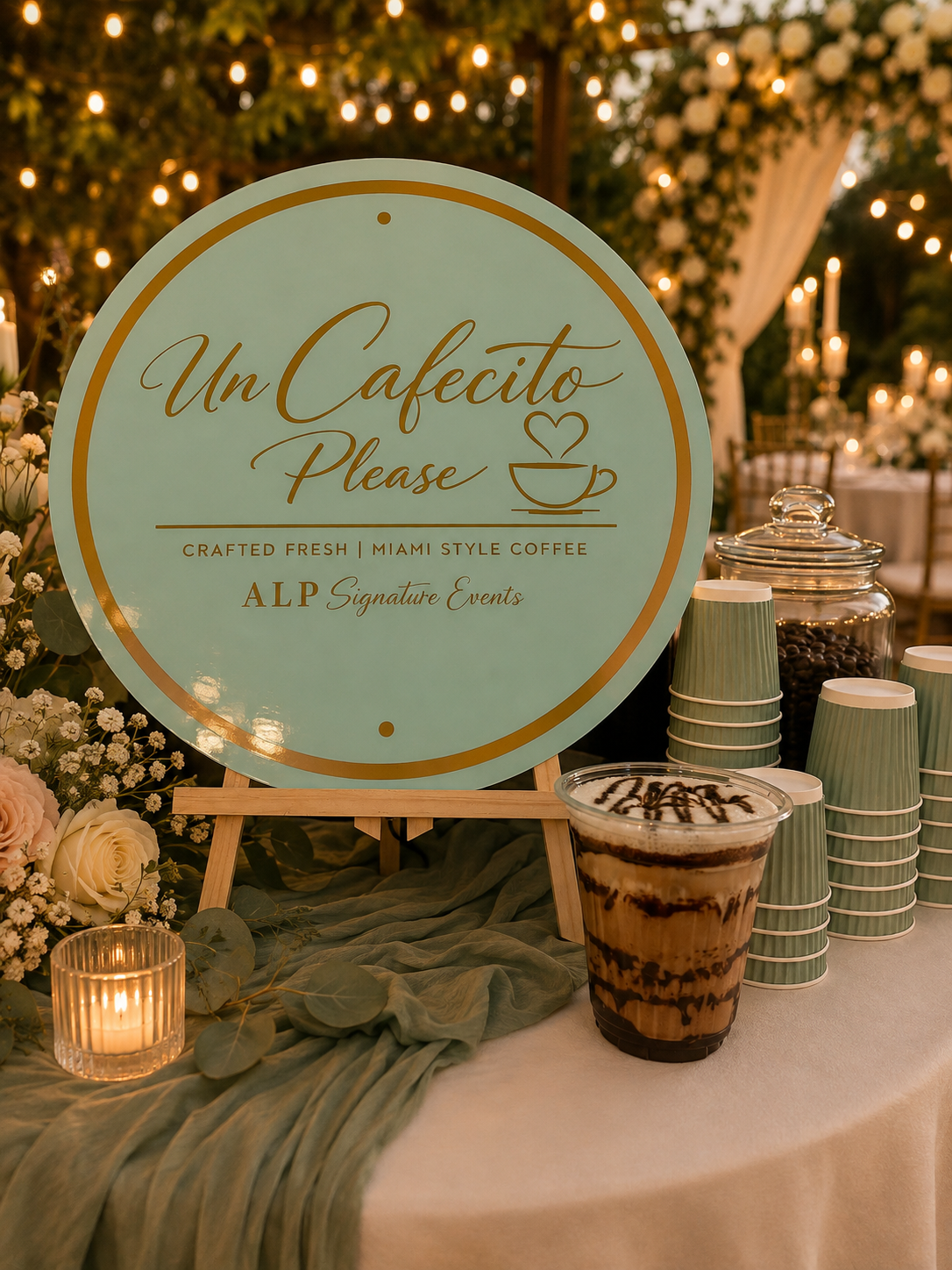 Un Cafecito Please wedding coffee bar sign with sage cups and florals