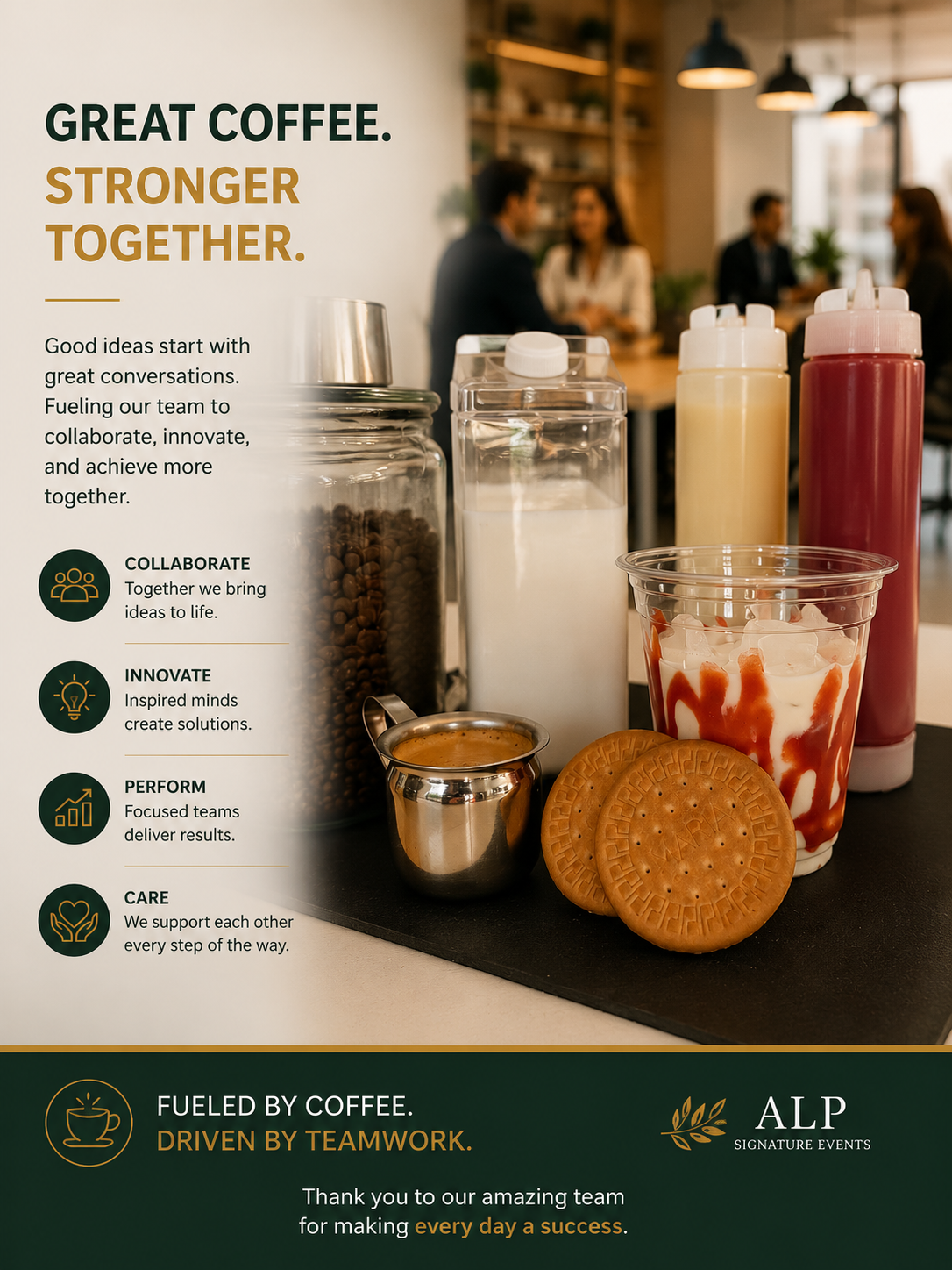 Corporate coffee station with espresso, syrups and cookies