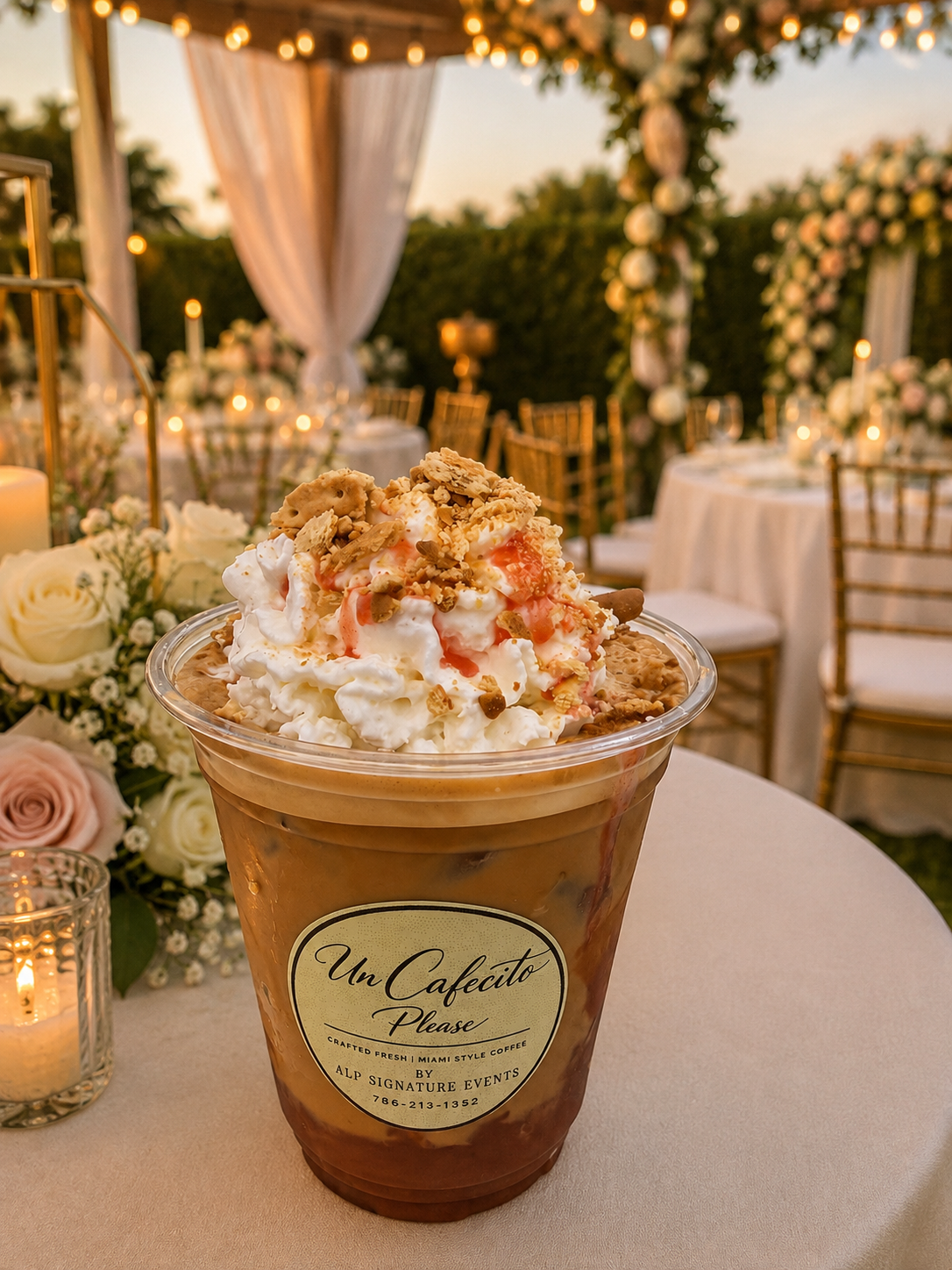 Whipped-topped signature coffee at a candlelit wedding