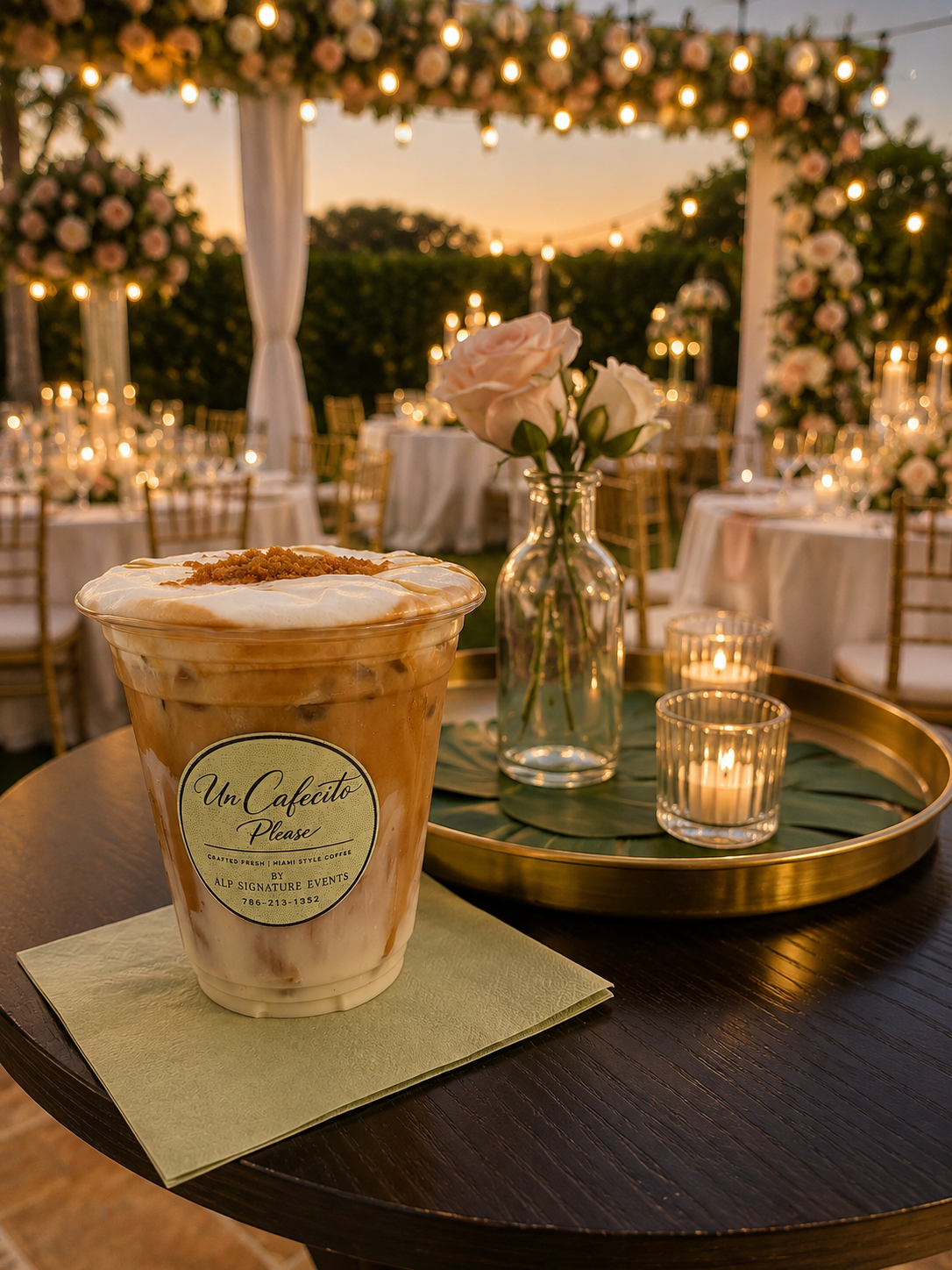 Signature iced cafecito served at a wedding reception table