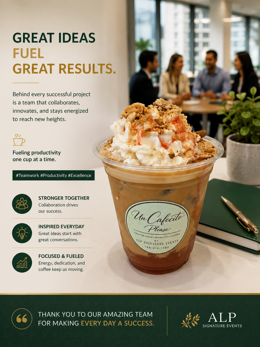 Signature branded iced coffee at a corporate meeting