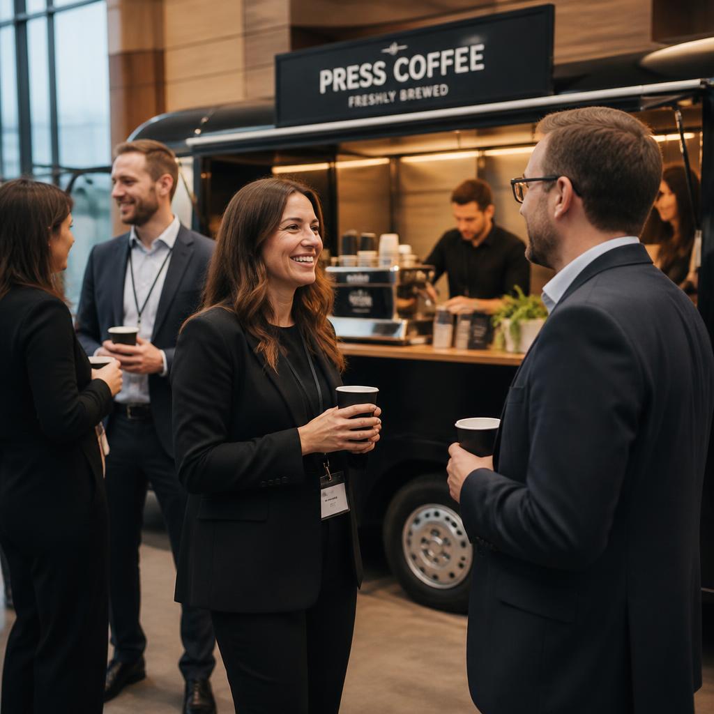 Professionals networking around a mobile coffee bar at a corporate event
