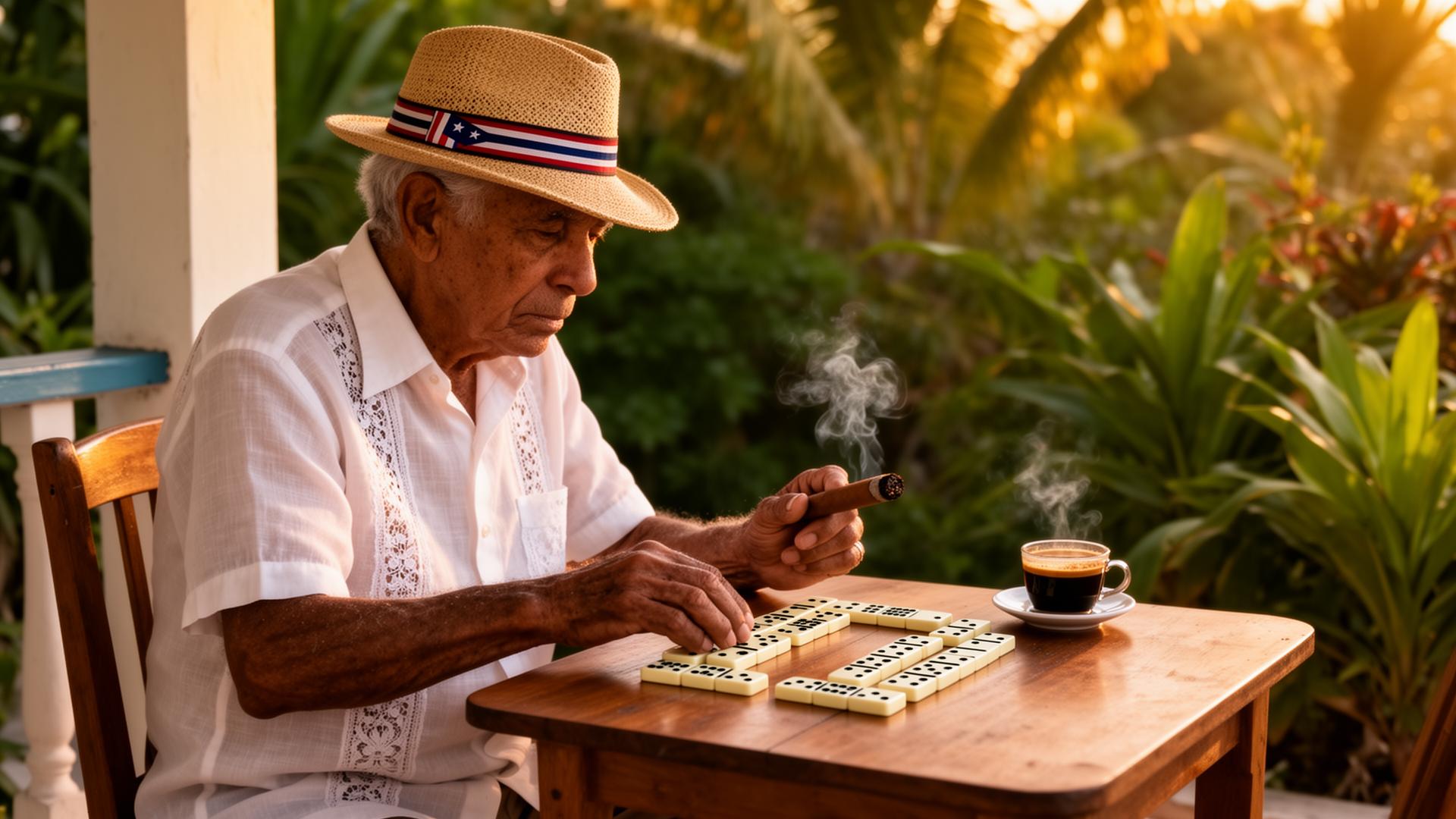 An elderly Cuban gentleman playing dominoes alone on a porch with cafecito and a cigar