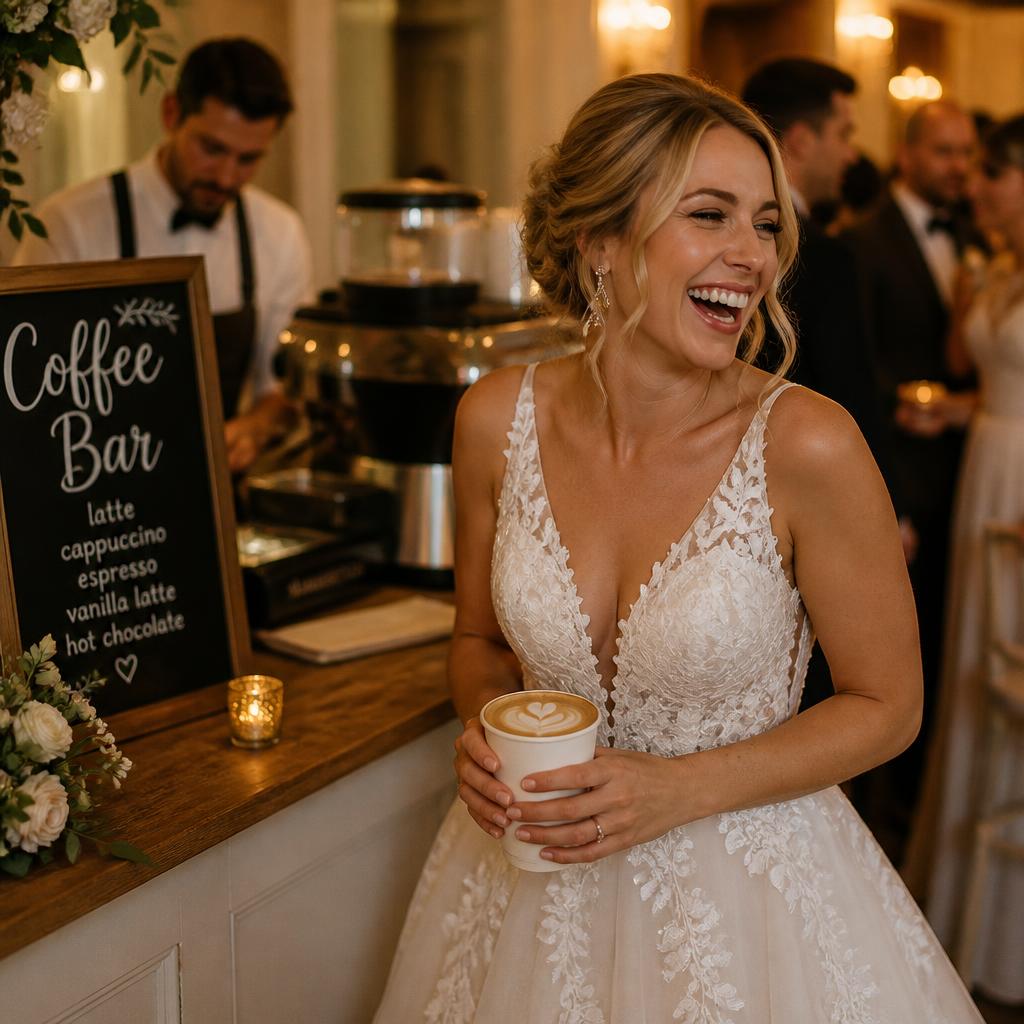Bride holding a latte at a wedding coffee bar